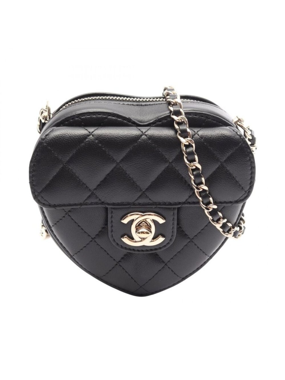 Chanel Shoulder Bag Heart Chain Clutch Quilted Black Lambskin